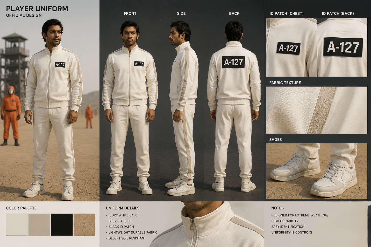 LEVEL 777 contestant in ivory tracksuit with black ID patch